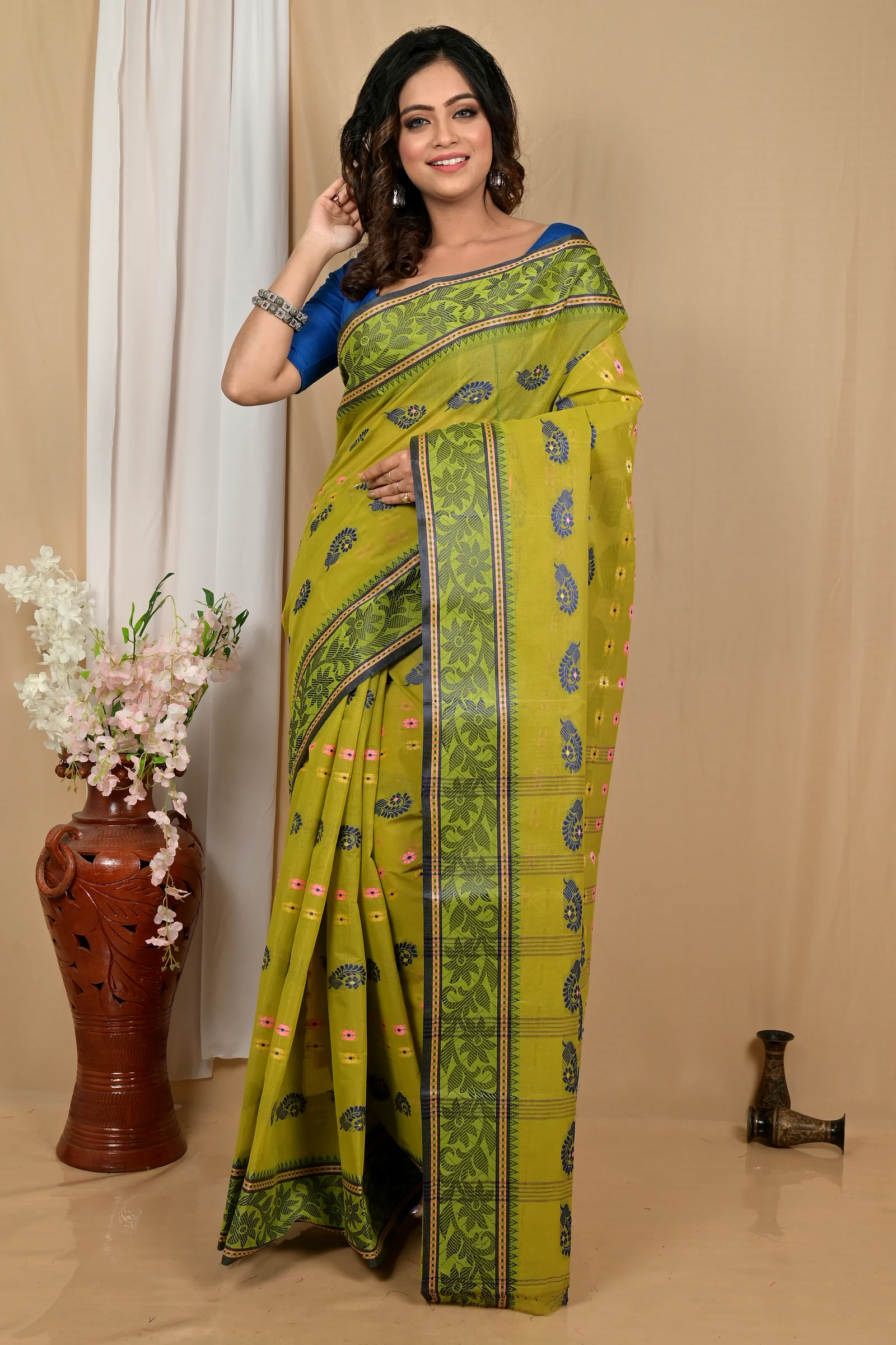 Dark Green Pure Cotton Achrol Tant Saree (2201)