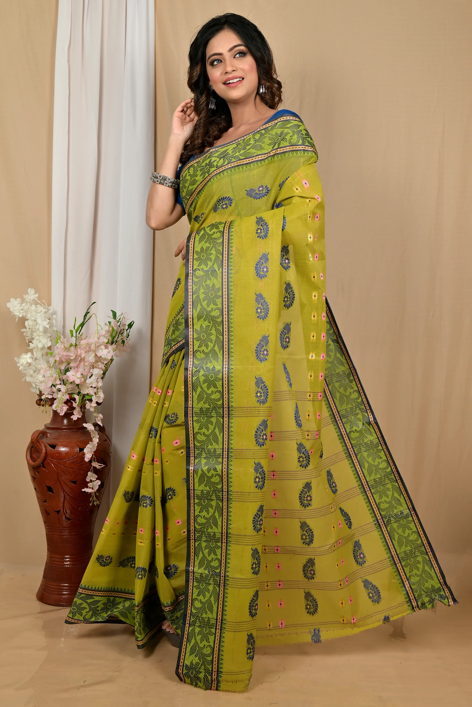 Dark Green Pure Cotton Achrol Tant Saree (2201)