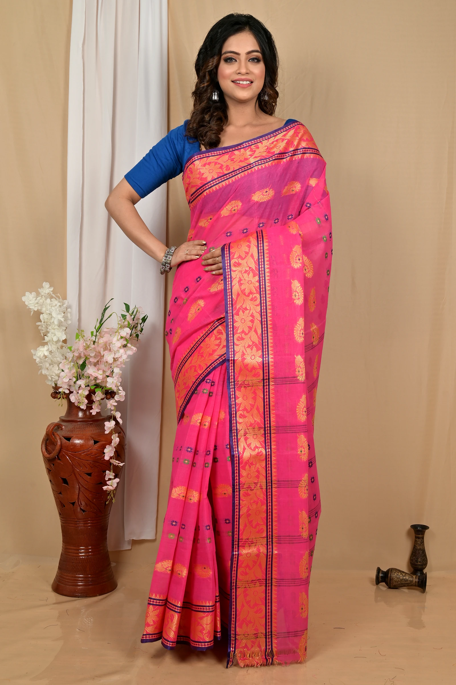 Pink Pure Cotton Achrol Tant Saree (2205)
