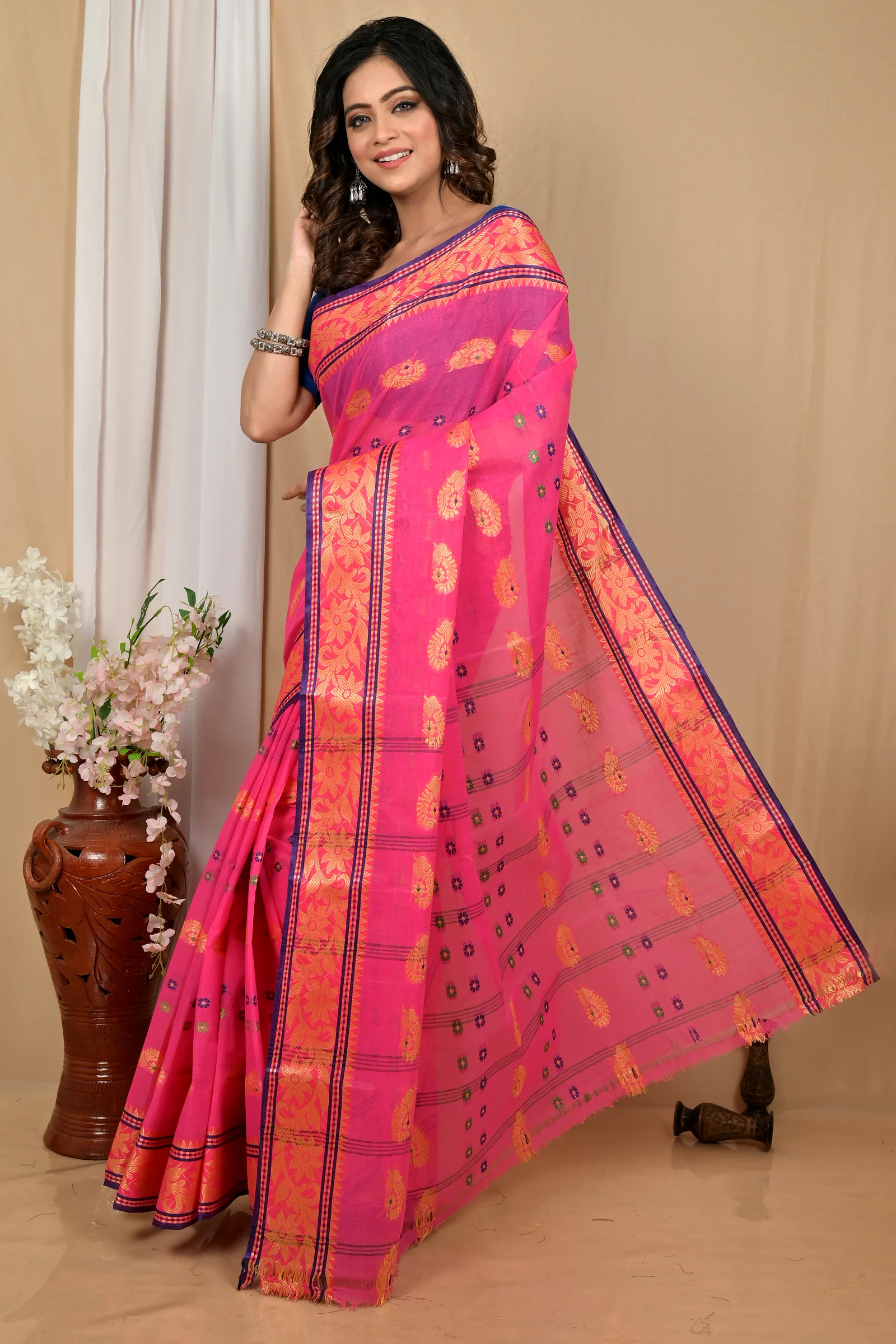 Pink Pure Cotton Achrol Tant Saree (2205)