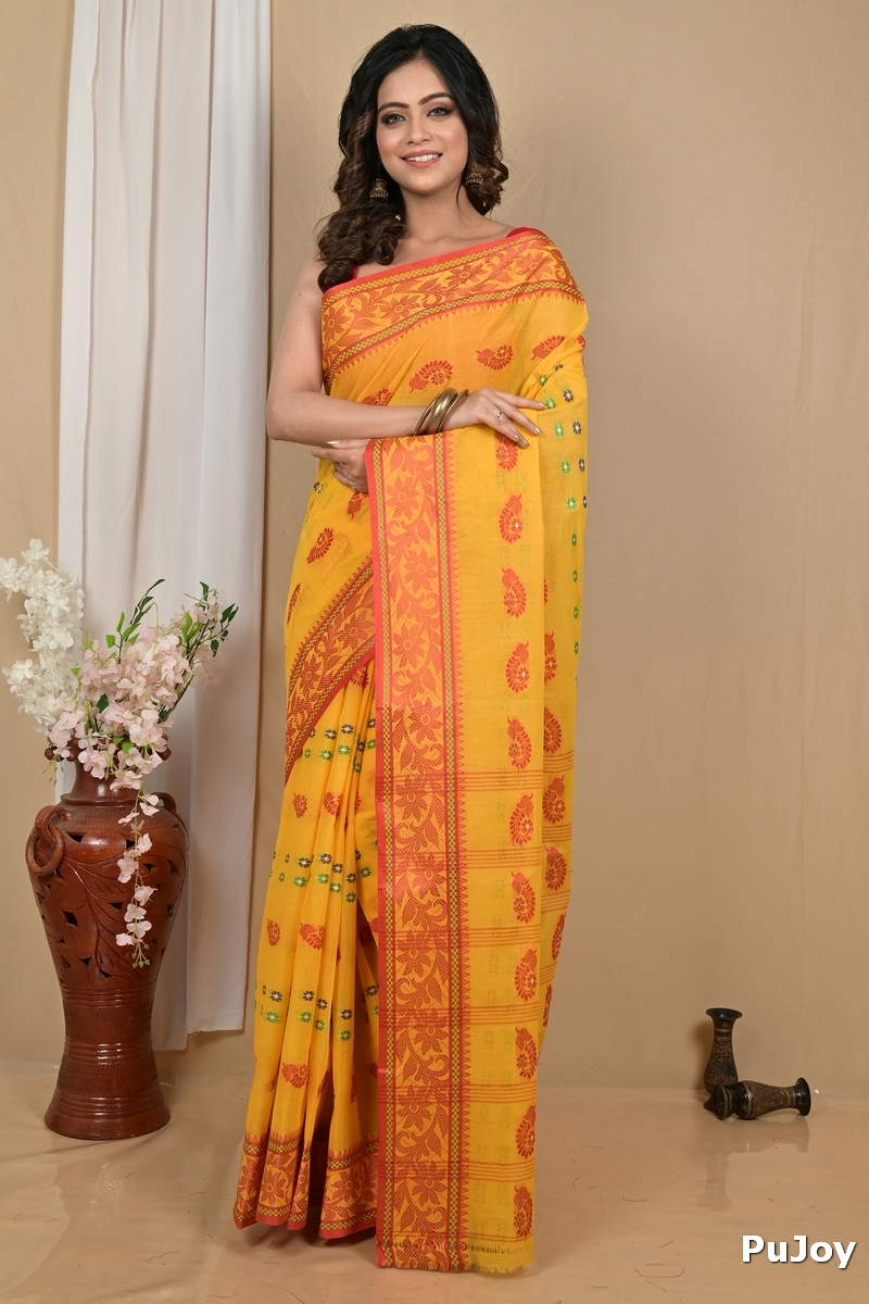 Yellow Red Pure Cotton Achrol Tant Saree (2206)