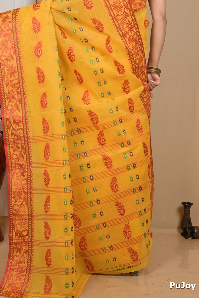 Yellow Red Pure Cotton Achrol Tant Saree (2206)