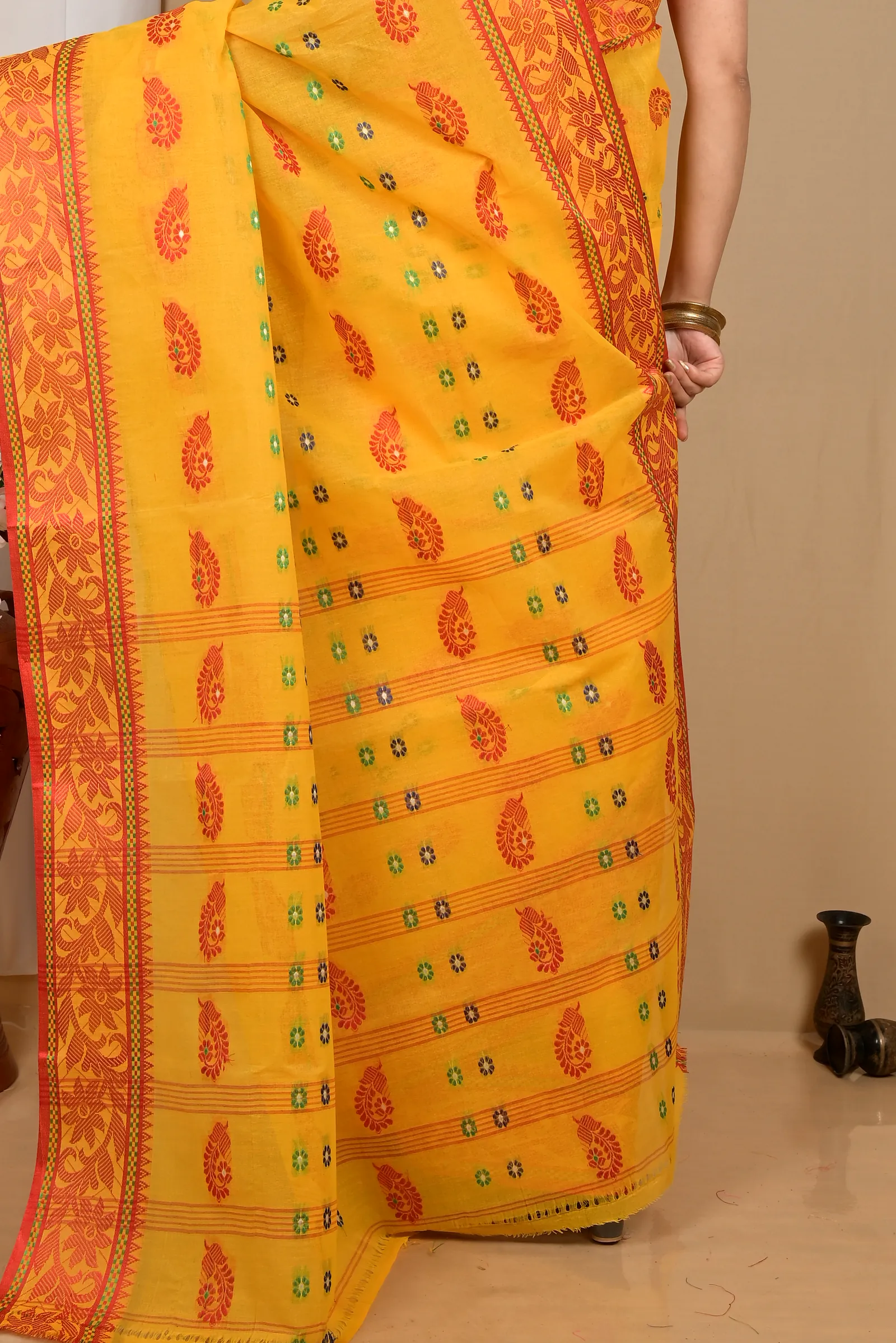 Yellow Red Pure Cotton Achrol Tant Saree (2206)