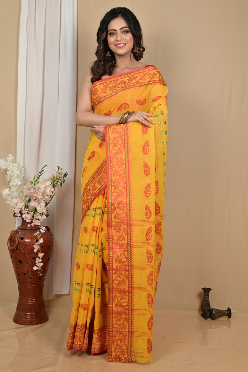 Yellow Red Pure Cotton Achrol Tant Saree (2206)