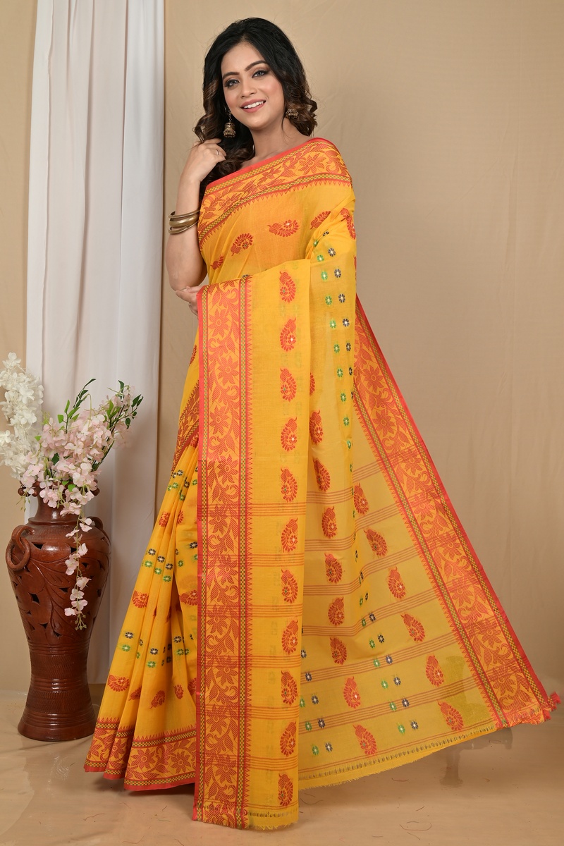 Yellow Red Pure Cotton Achrol Tant Saree (2206)