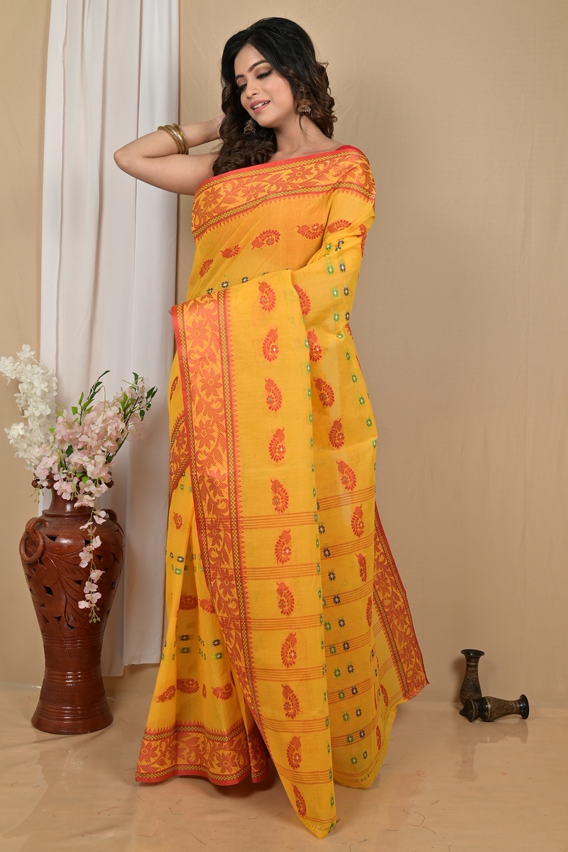 Yellow Red Pure Cotton Achrol Tant Saree (2206)