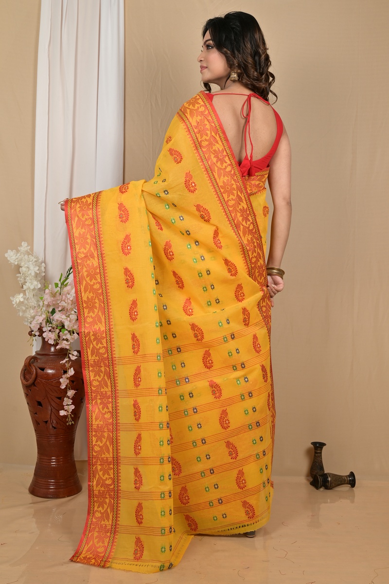 Yellow Red Pure Cotton Achrol Tant Saree (2206)