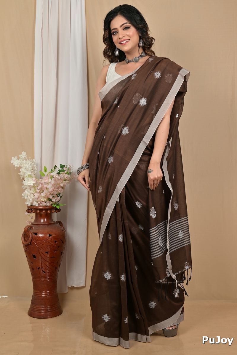 Dark Brown Pure Cotton Achbu Hand Loom Saree (2209)