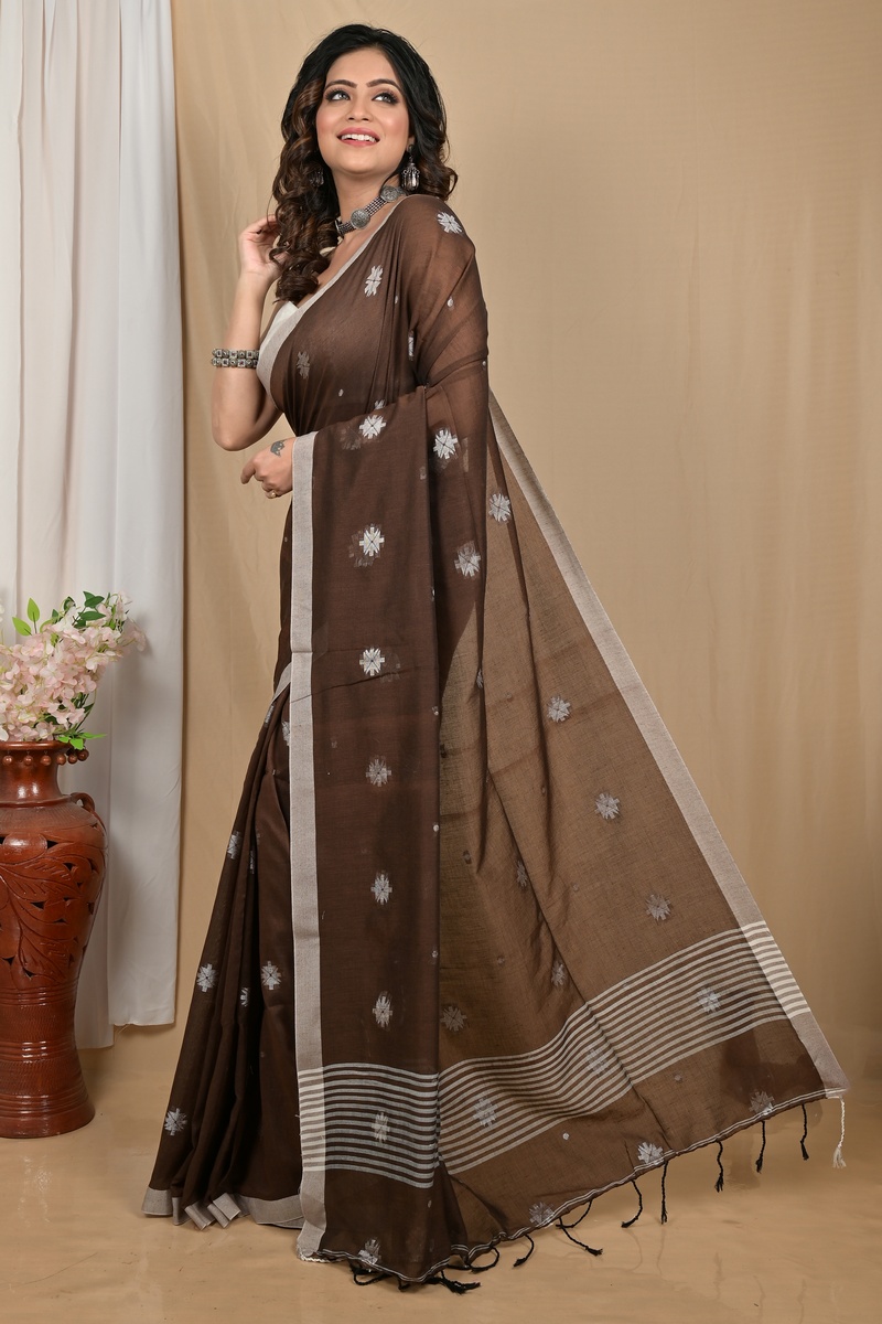 Dark Brown Pure Cotton Achbu Hand Loom Saree (2209)