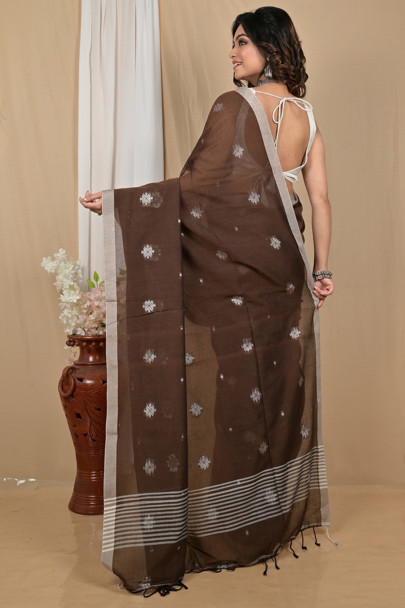 Dark Brown Pure Cotton Achbu Hand Loom Saree (2209)