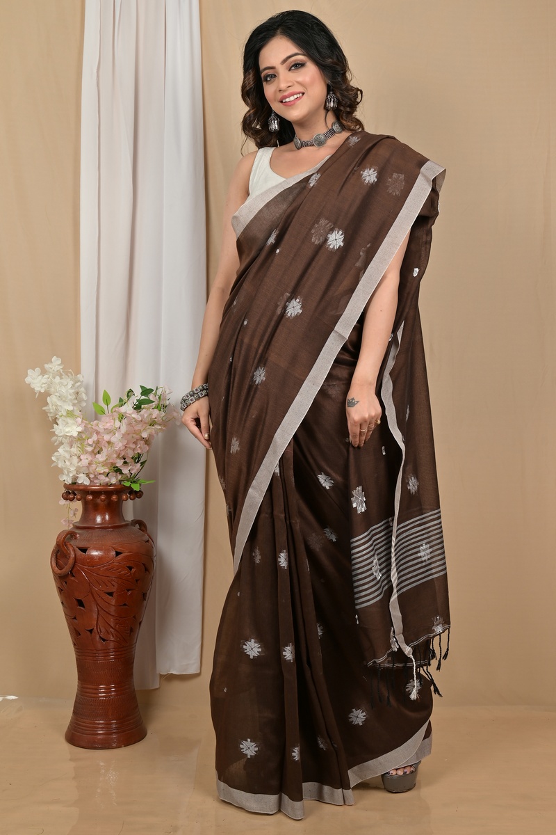 Dark Brown Pure Cotton Achbu Hand Loom Saree (2209)