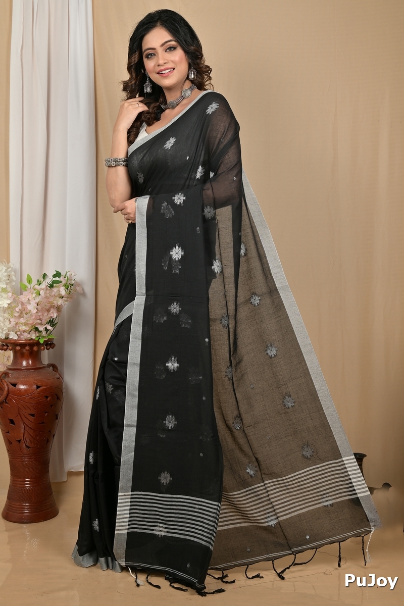 Black Pure Cotton Achbu Hand Loom Saree (2211)