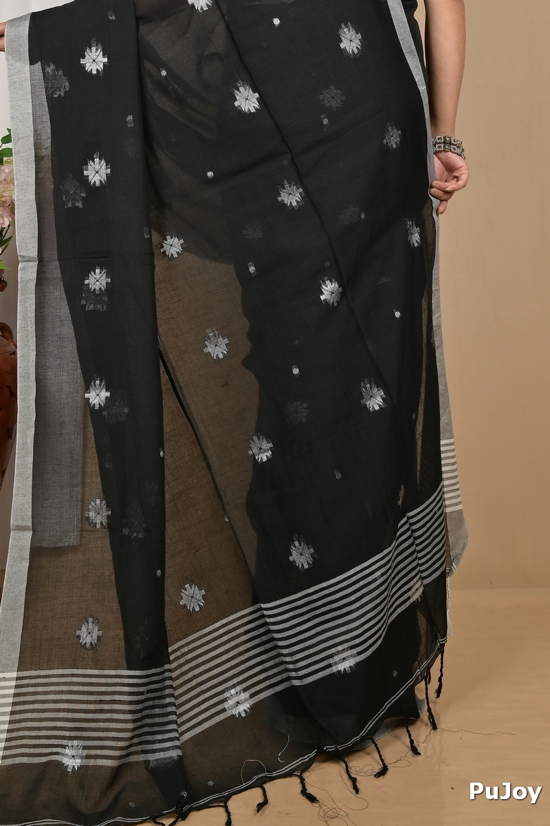 Black Pure Cotton Achbu Hand Loom Saree (2211)