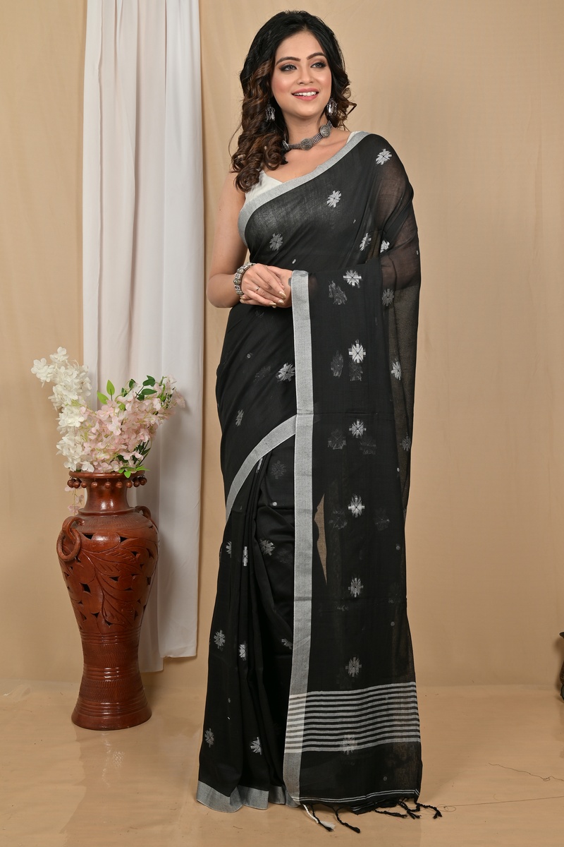 Black Pure Cotton Achbu Hand Loom Saree (2211)