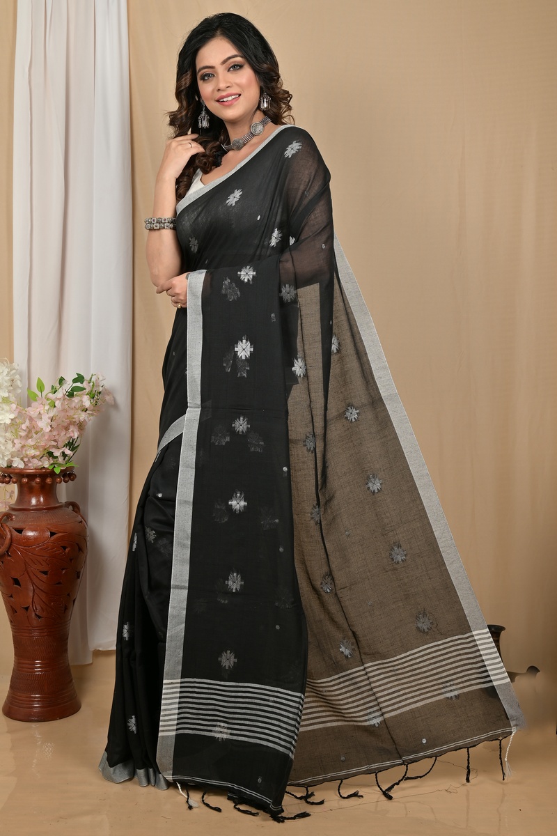 Black Pure Cotton Achbu Hand Loom Saree (2211)