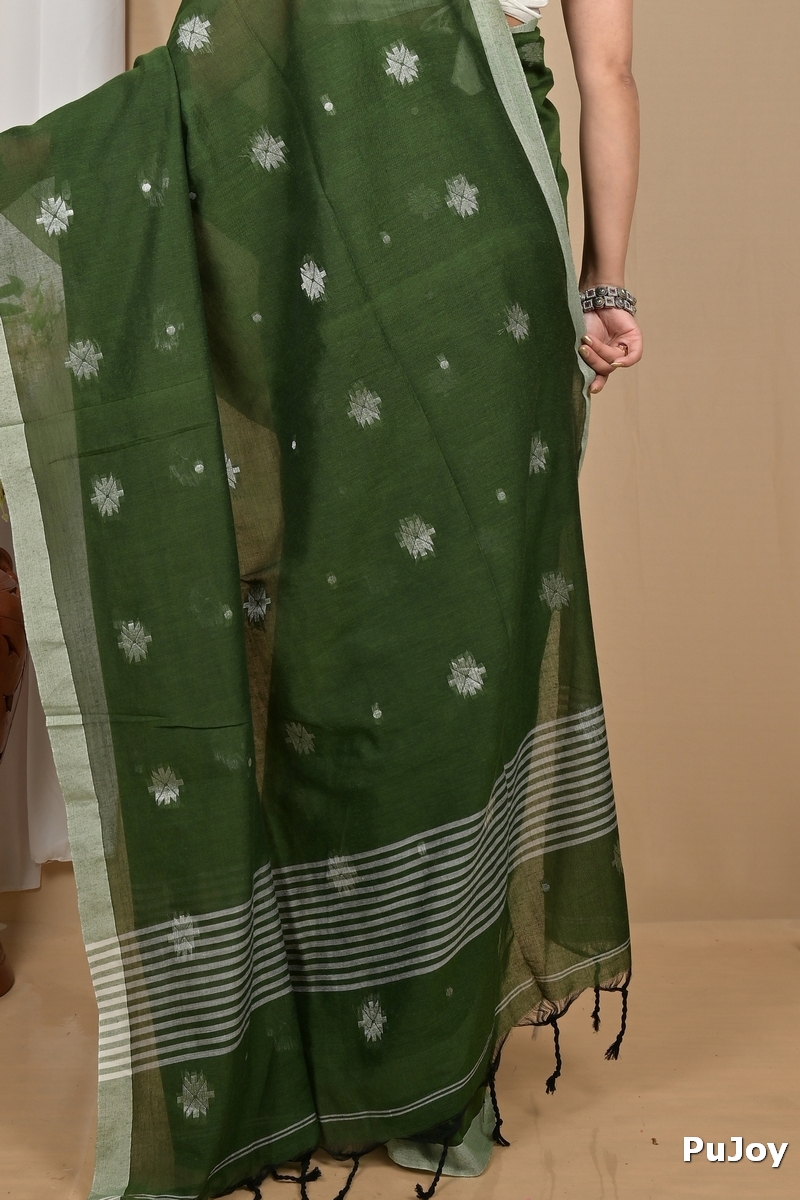 Dark Green Pure Cotton Achbu Hand Loom Saree (2212)