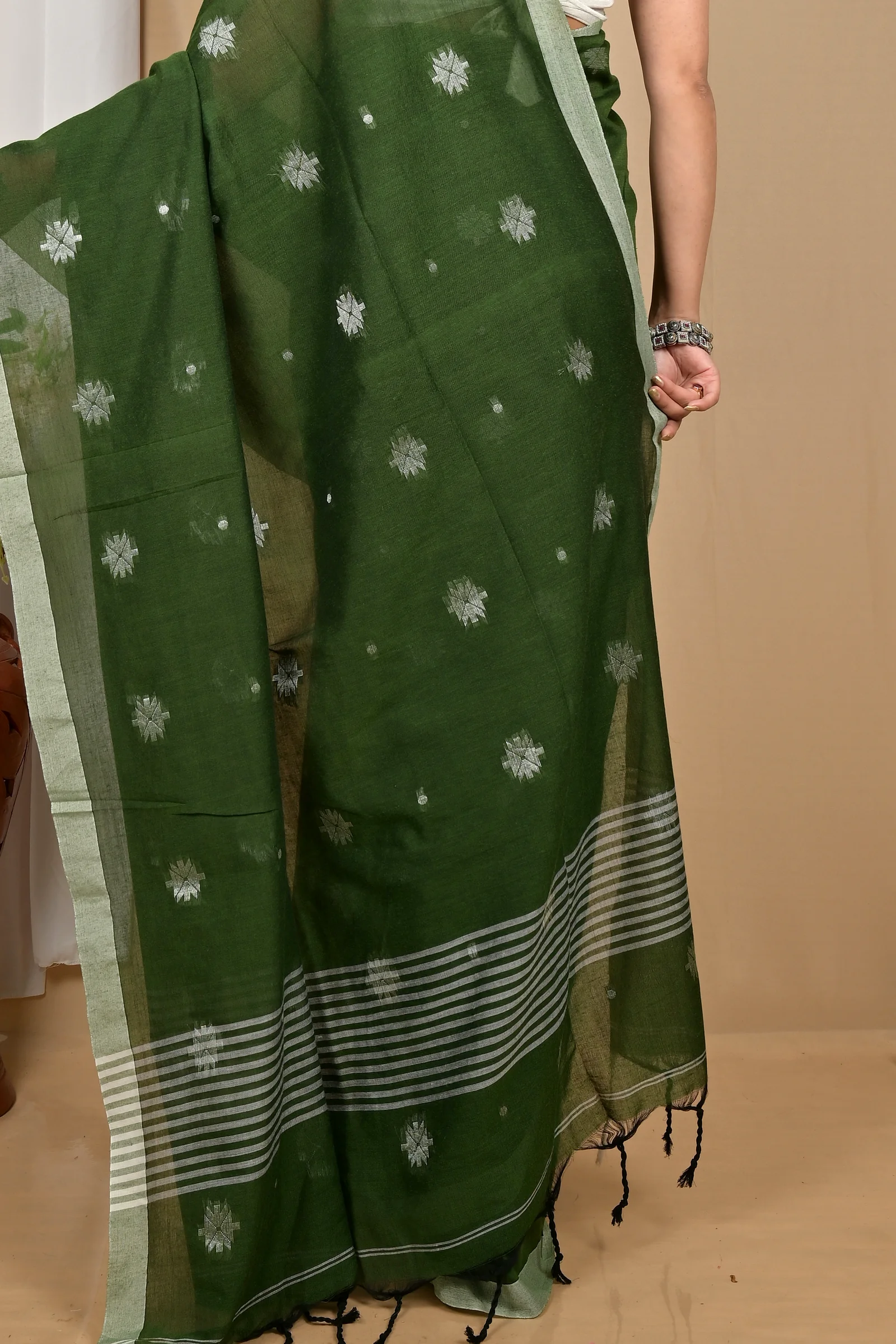 Dark Green Pure Cotton Achbu Hand Loom Saree (2212)