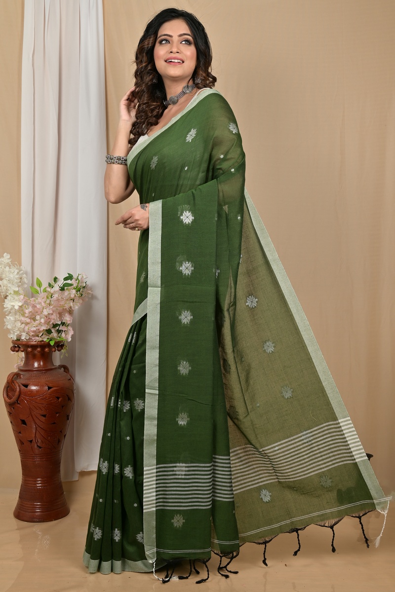 Dark Green Pure Cotton Achbu Hand Loom Saree (2212)