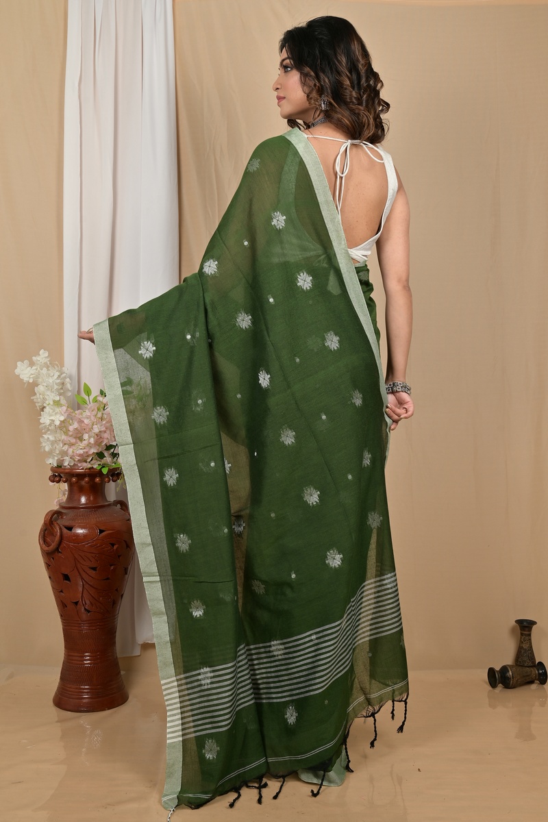 Dark Green Pure Cotton Achbu Hand Loom Saree (2212)