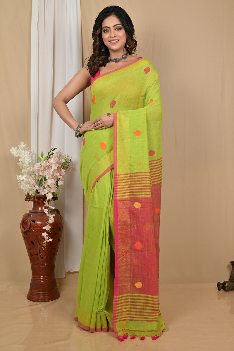 Green Red Pure Cotton Achkol Hand Loom Saree (2214)