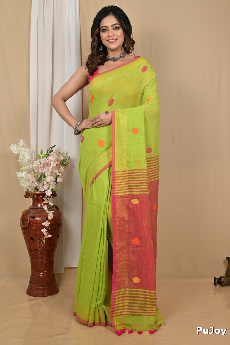 Green Red Pure Cotton Achkol Hand Loom Saree (2214)