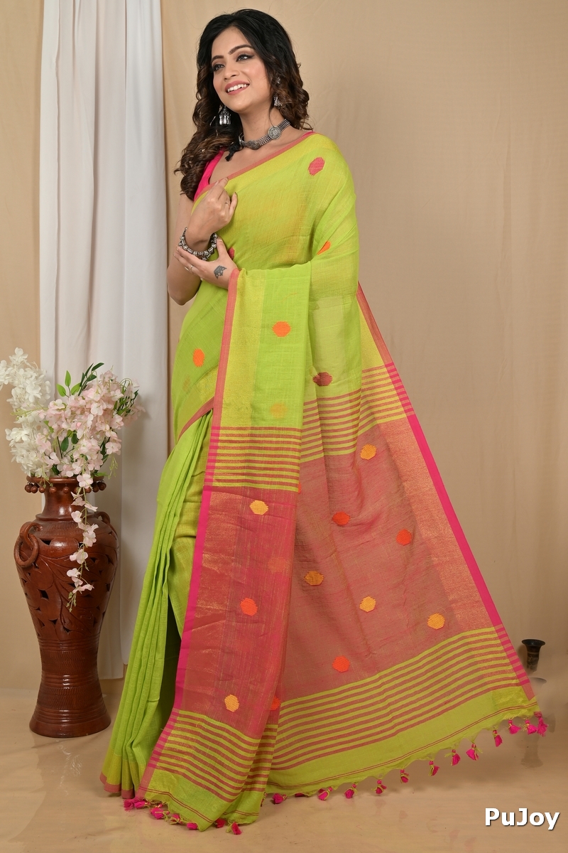Green Red Pure Cotton Achkol Hand Loom Saree (2214)
