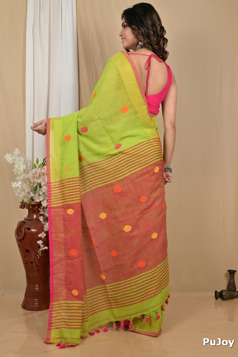 Green Red Pure Cotton Achkol Hand Loom Saree (2214)