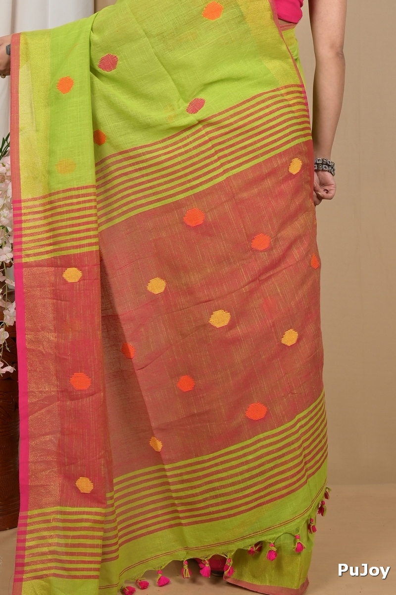 Green Red Pure Cotton Achkol Hand Loom Saree (2214)