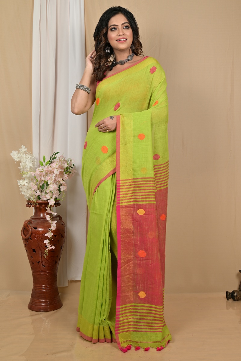Green Red Pure Cotton Achkol Hand Loom Saree (2214)