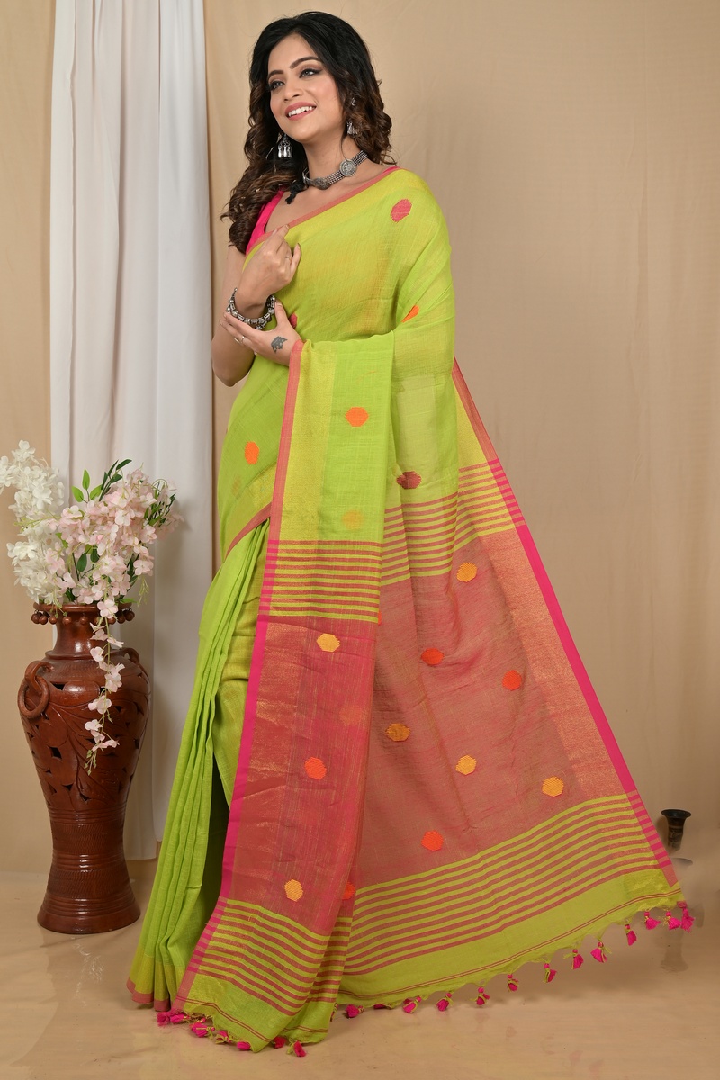 Green Red Pure Cotton Achkol Hand Loom Saree (2214)