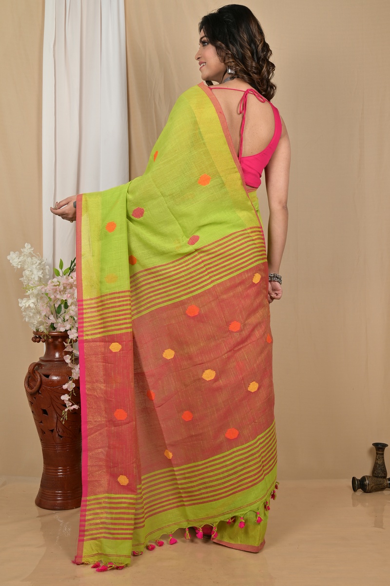 Green Red Pure Cotton Achkol Hand Loom Saree (2214)