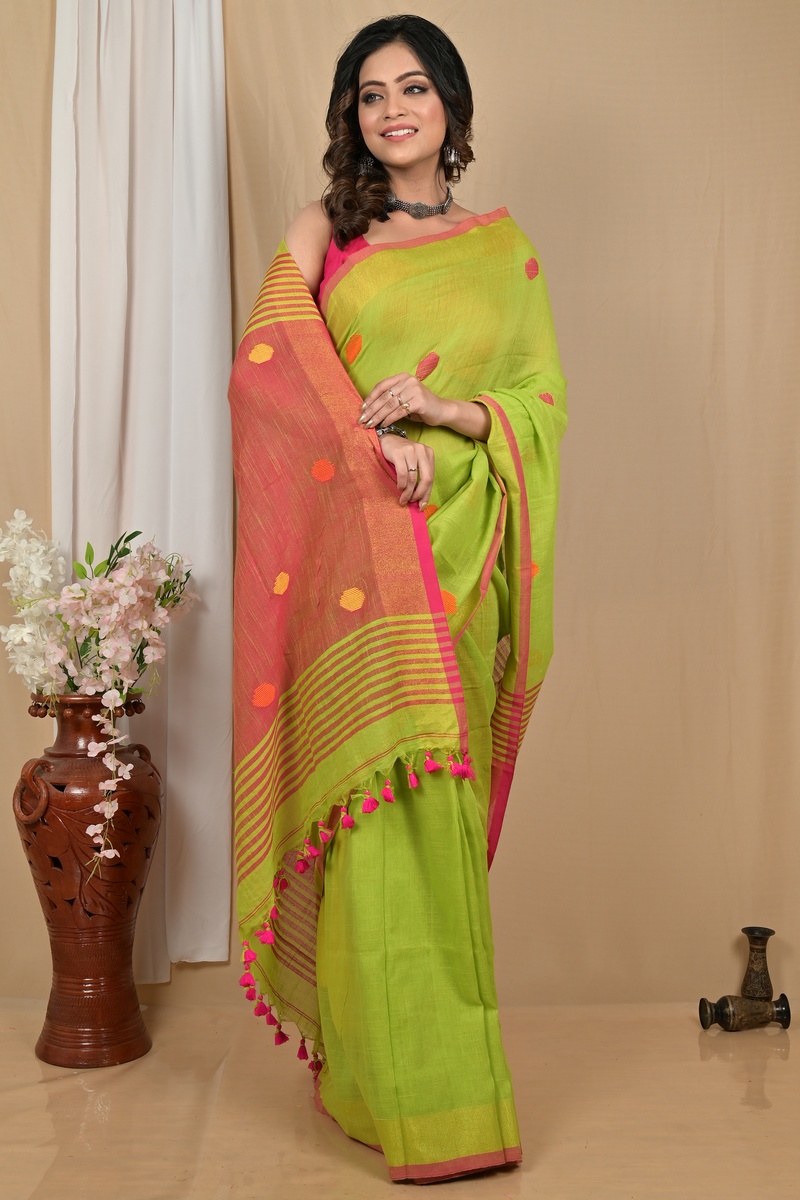 Green Red Pure Cotton Achkol Hand Loom Saree (2214)