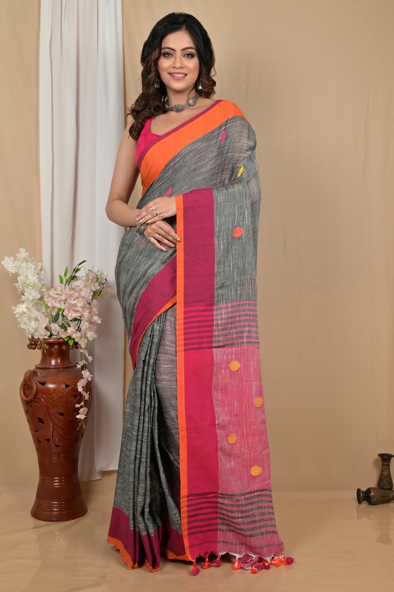 Grey Orange Pure Cotton Achkol Hand Loom Saree (2215)