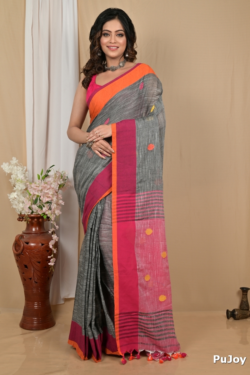 Grey Orange Pure Cotton Achkol Hand Loom Saree (2215)