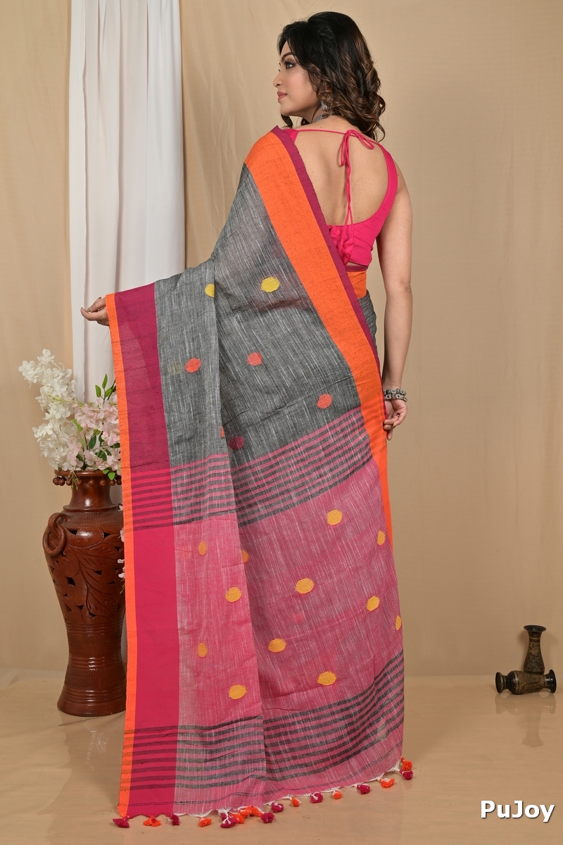 Grey Orange Pure Cotton Achkol Hand Loom Saree (2215)