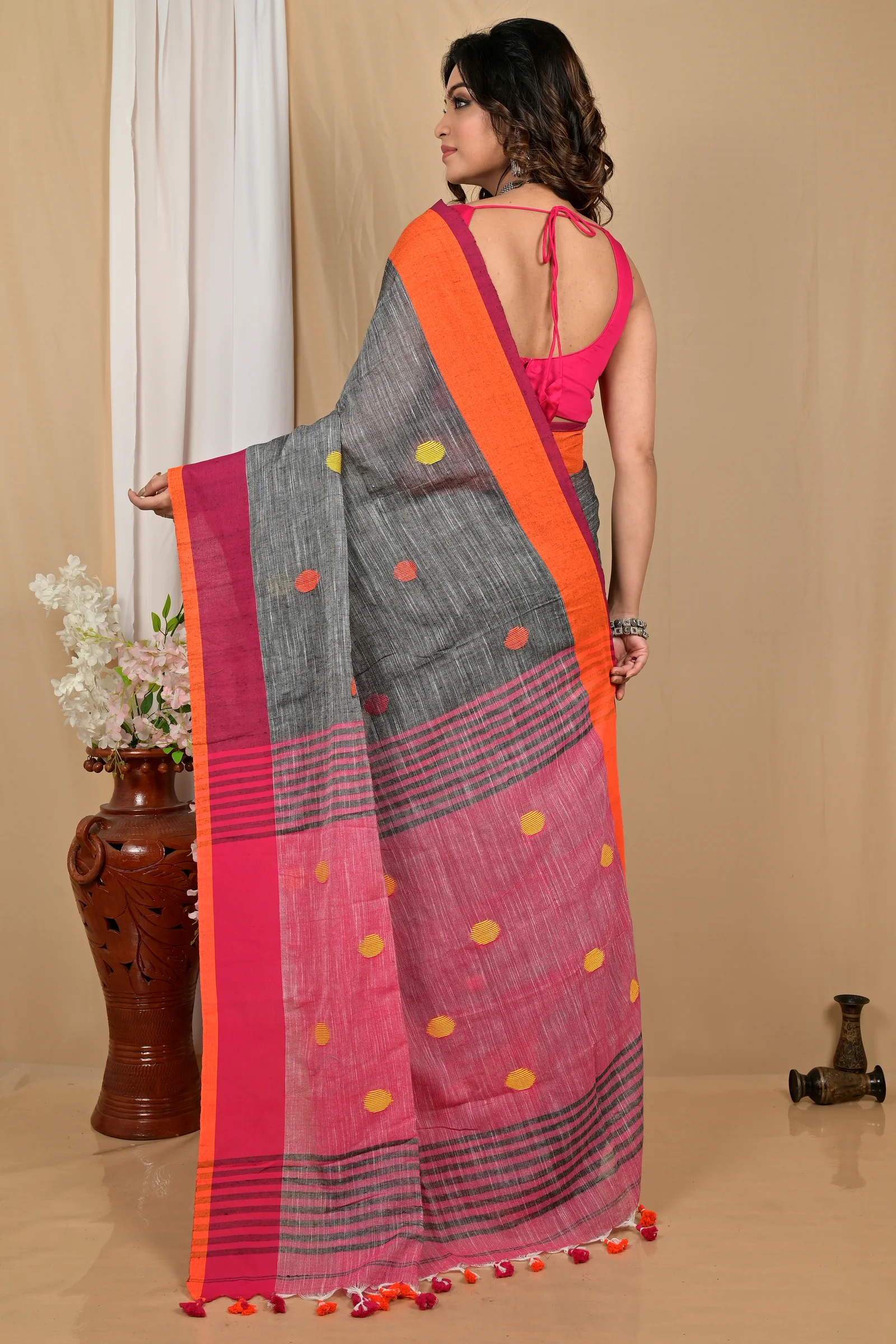 Grey Orange Pure Cotton Achkol Hand Loom Saree (2215)