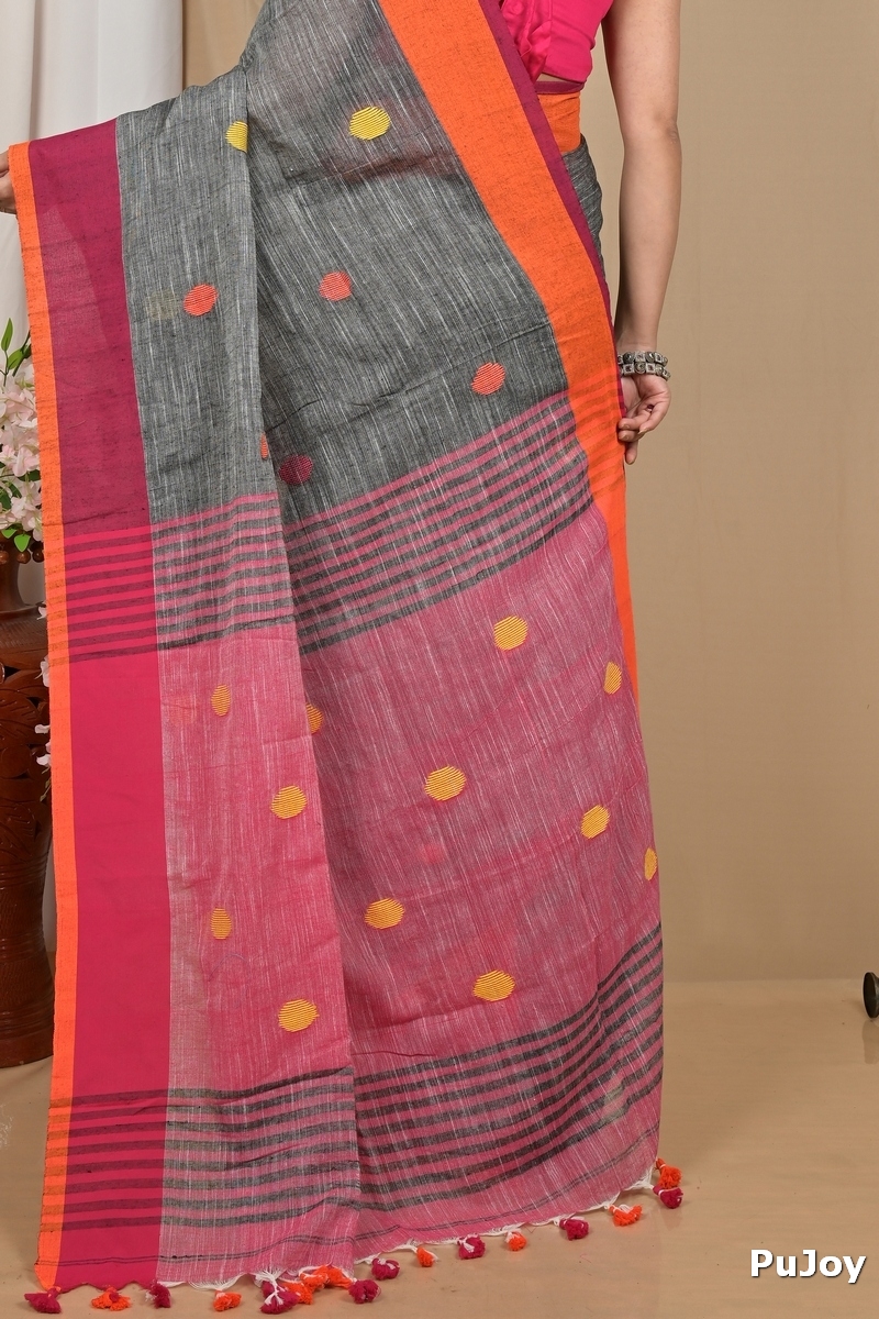 Grey Orange Pure Cotton Achkol Hand Loom Saree (2215)