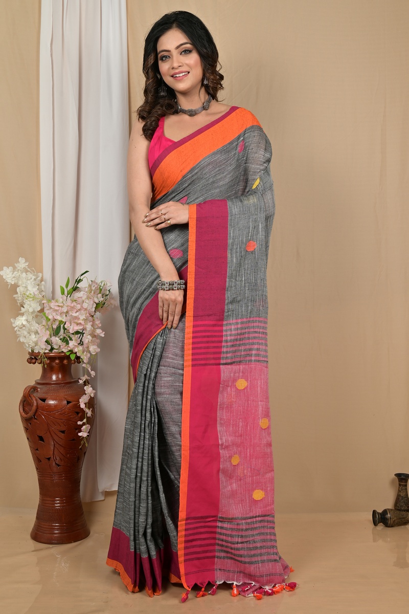 Grey Orange Pure Cotton Achkol Hand Loom Saree (2215)