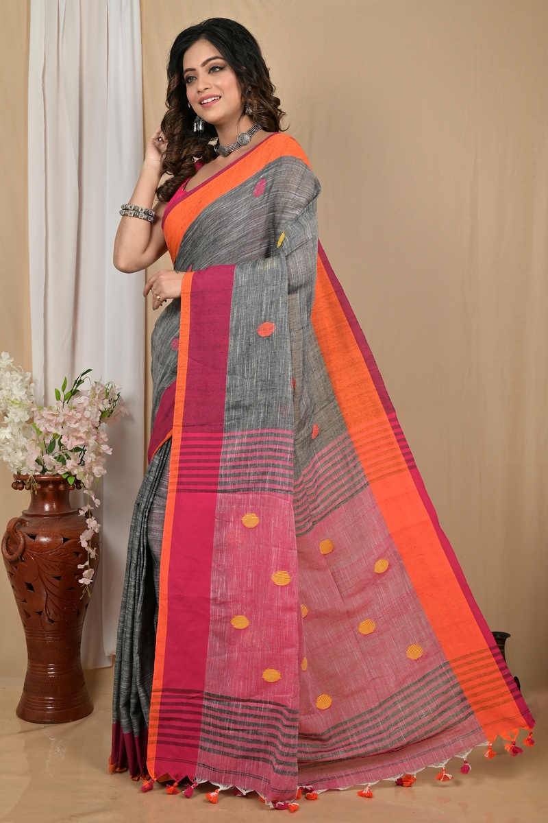 Grey Orange Pure Cotton Achkol Hand Loom Saree (2215)