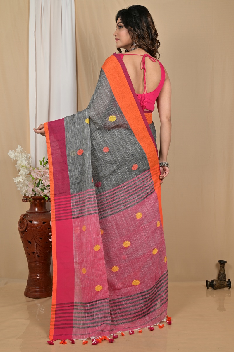 Grey Orange Pure Cotton Achkol Hand Loom Saree (2215)