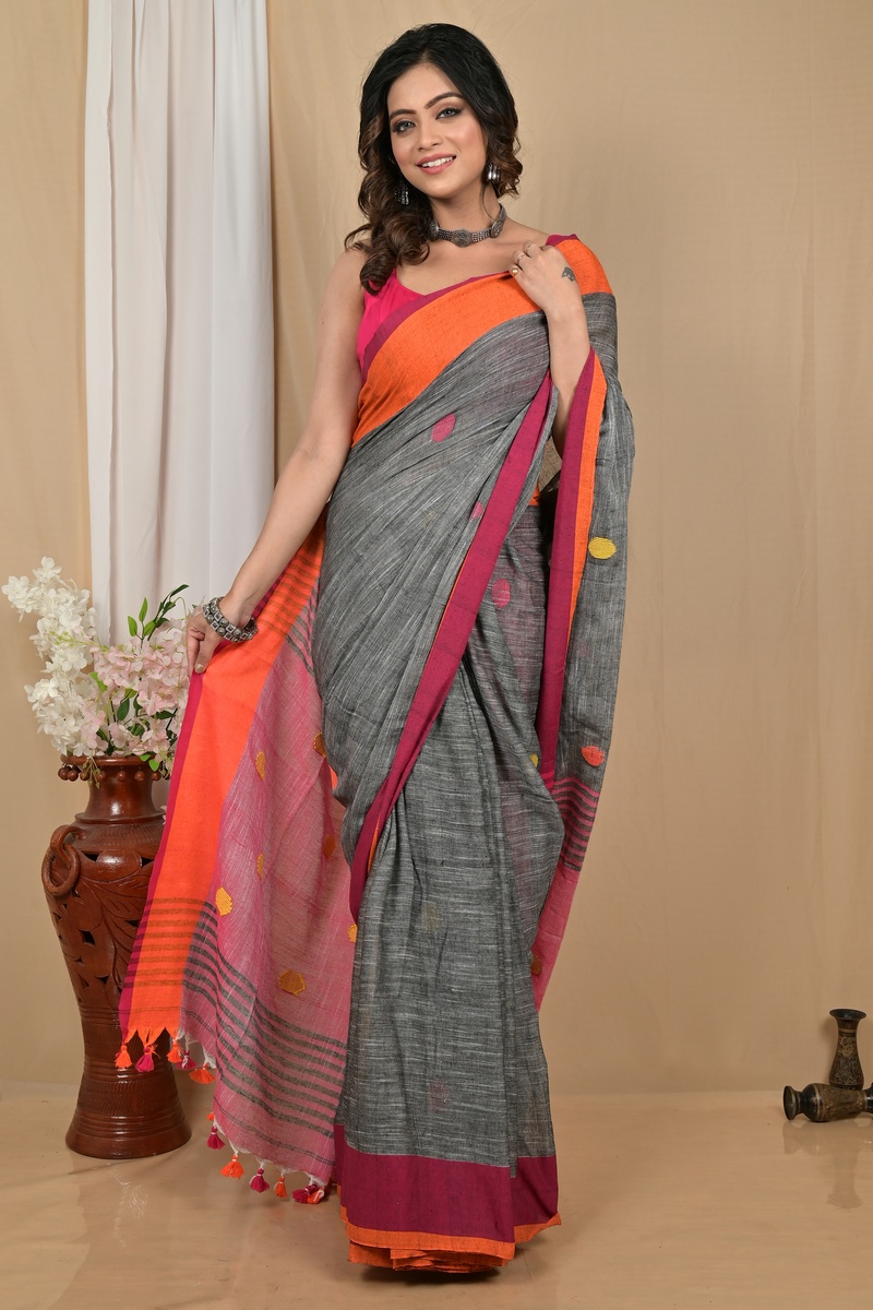Grey Orange Pure Cotton Achkol Hand Loom Saree (2215)