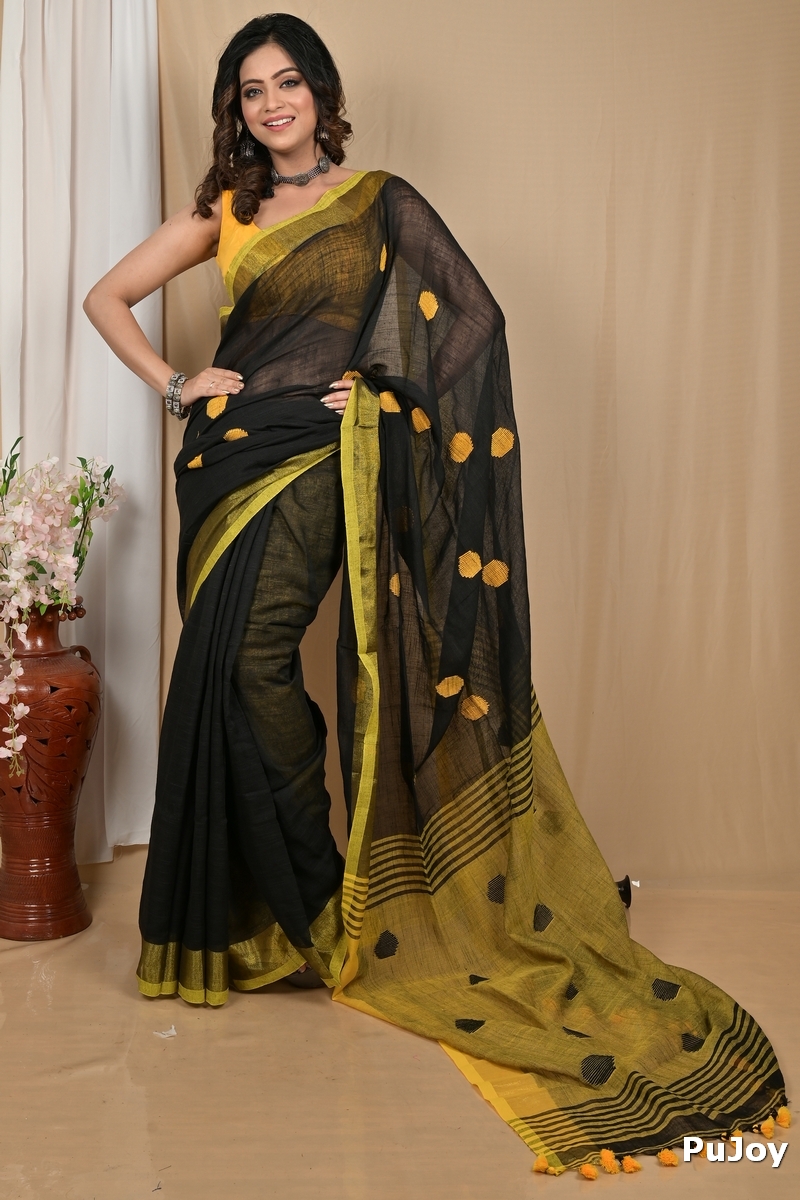 Black Yellow Pure Cotton Achkol Hand Loom Saree (2216)