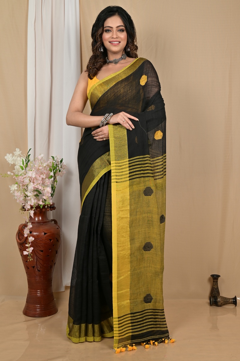 Black Yellow Pure Cotton Achkol Hand Loom Saree (2216)