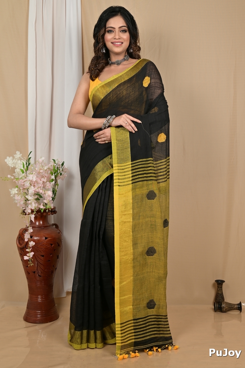Black Yellow Pure Cotton Achkol Hand Loom Saree (2216)
