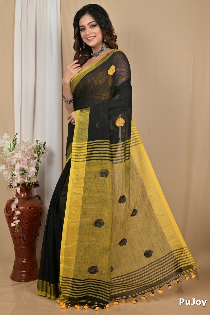 Black Yellow Pure Cotton Achkol Hand Loom Saree (2216)