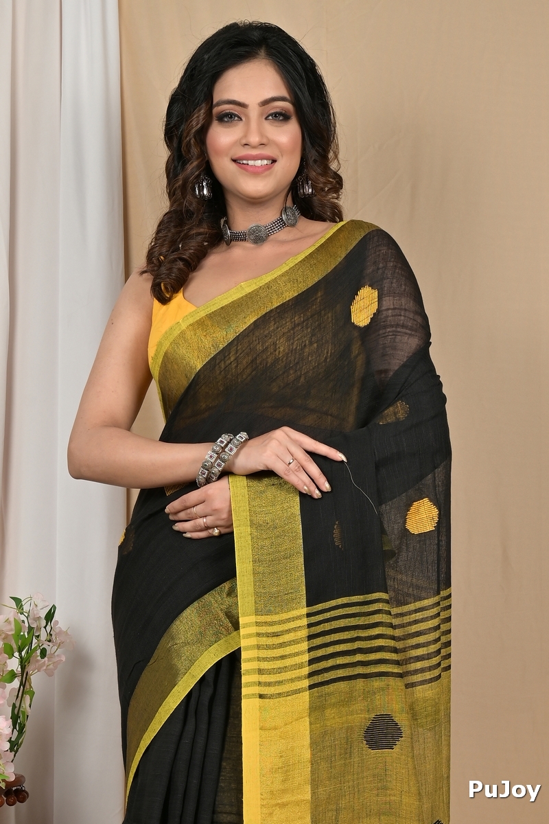 Black Yellow Pure Cotton Achkol Hand Loom Saree (2216)