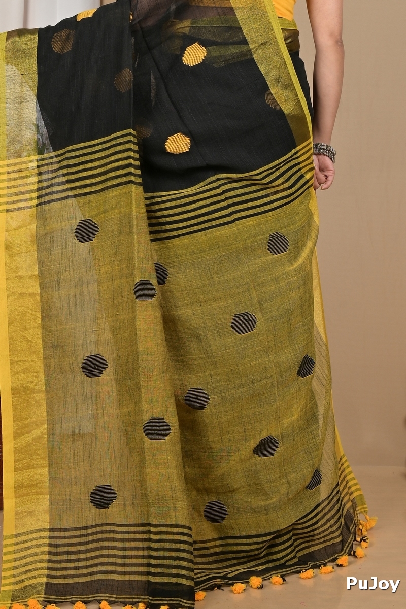 Black Yellow Pure Cotton Achkol Hand Loom Saree (2216)