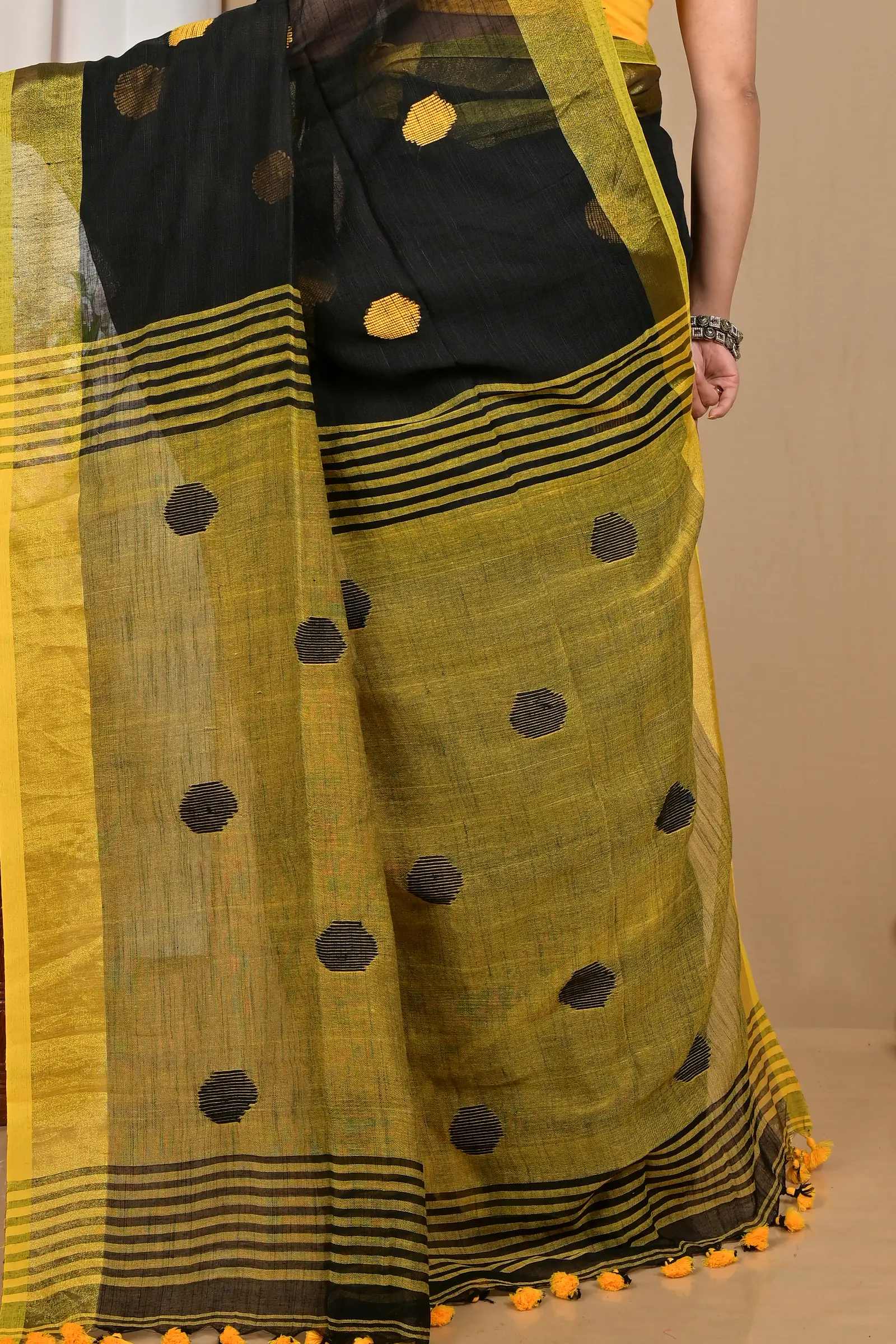 Black Yellow Pure Cotton Achkol Hand Loom Saree (2216)