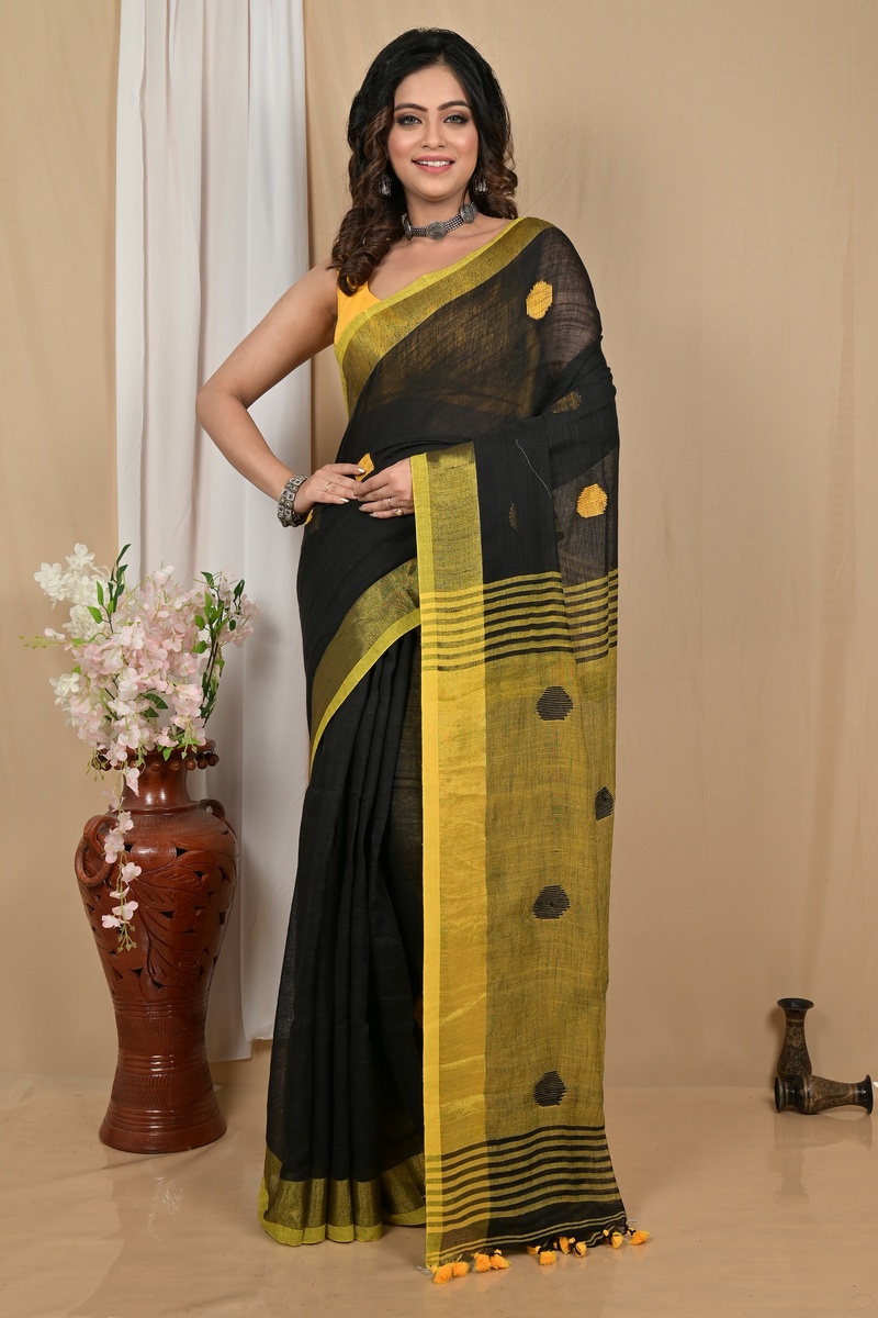 Black Yellow Pure Cotton Achkol Hand Loom Saree (2216)