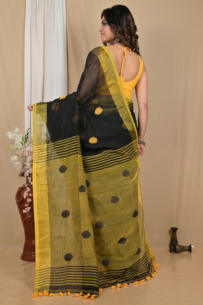 Black Yellow Pure Cotton Achkol Hand Loom Saree (2216)